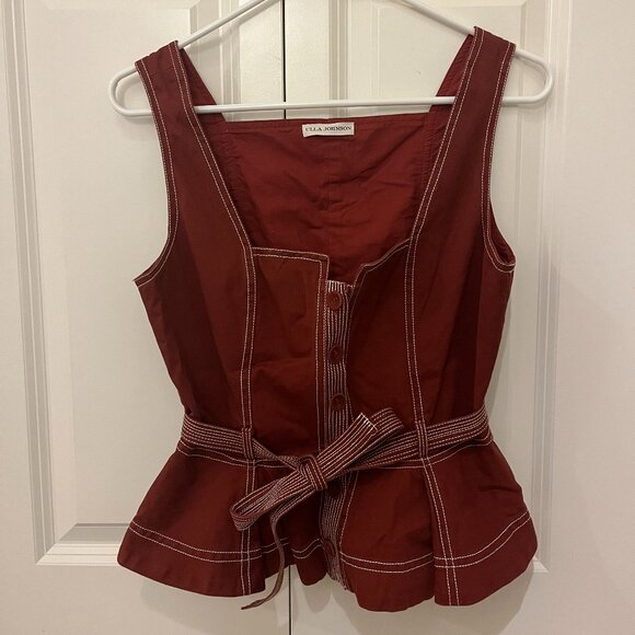 Ulla Johnson Denia Belted Topstitched Cotton-twill Peplum Top In Brick - Picture 2 of 5